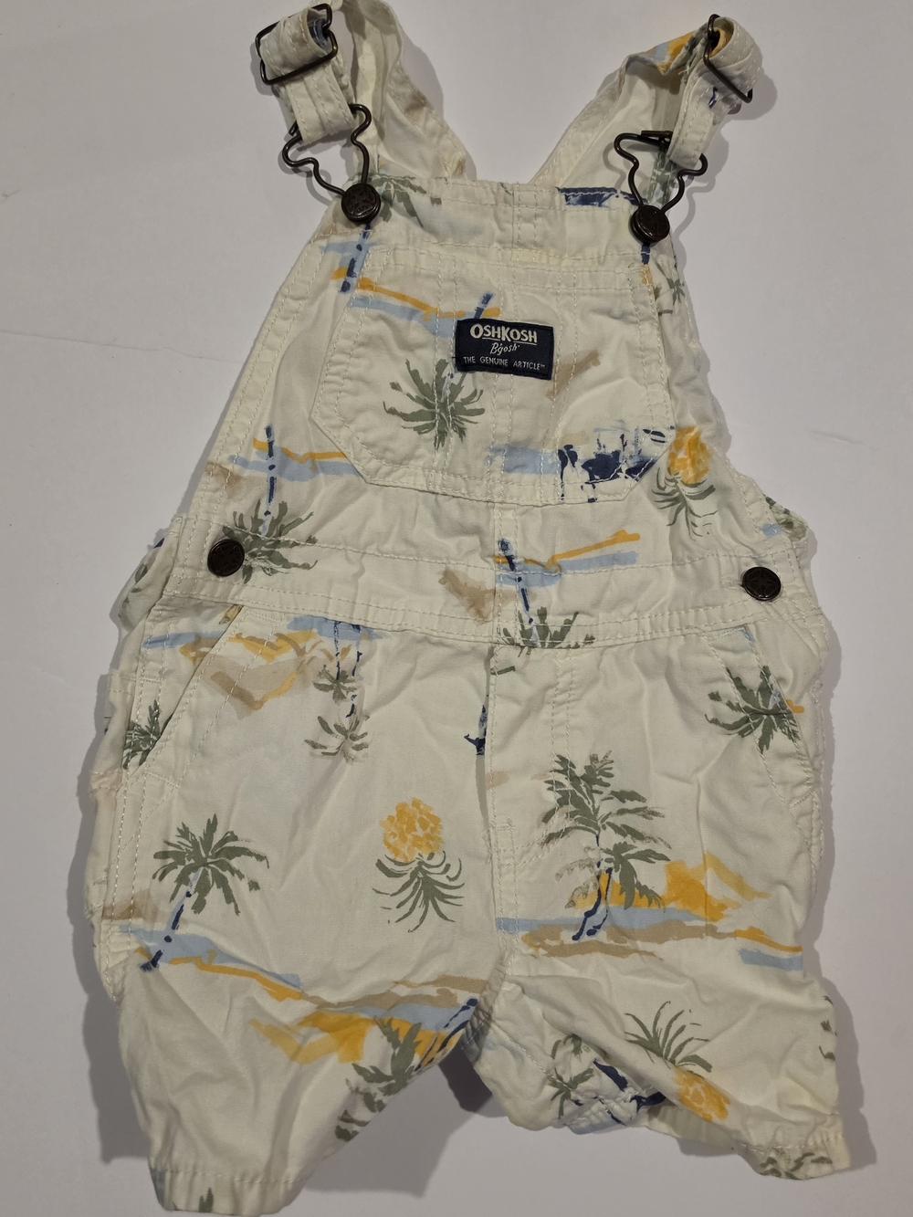 OshKosh B'gosh Cream Overalls with Yellow & Green Tropical Print